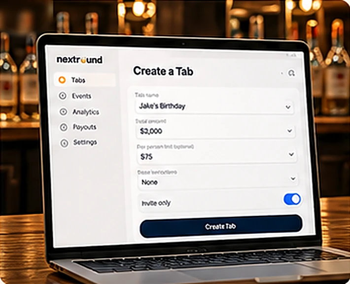 A laptop on a bar counter showing the nextround Create a Tab screen