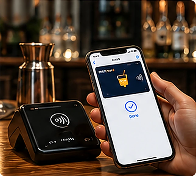 A guest tapping their phone on a card reader at the bar