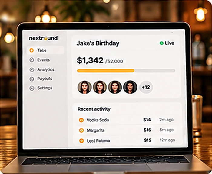 A laptop showing a live nextround tab with recent drink orders